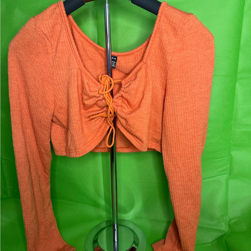 SHEIN Orange Ruched Tie-Front Cropped Knit Top